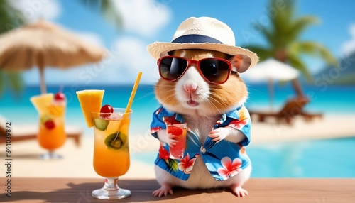 cute hamster wearing sunglasses, panama hat and Hawaiian shirt is sitting at poolside with a glass of cocktail, beach seaside summer vacation, holiday concept  © Chaudhry