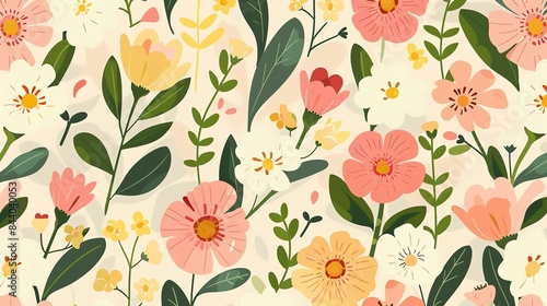 A beautiful floral pattern with a variety of flowers and leaves in pink  yellow  and green.