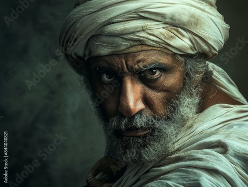 Man dark skin wearing skinny old man with beard, full body short, old dresses and turban 