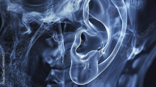 Close-up X-ray image showcasing a human ear and auditory bones, often utilized in ENT (Ear, Nose, Throat) medical training. photo