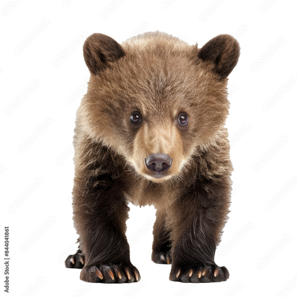 Fototapeta premium Cute young brown bear cub standing and looking forward, isolated on a transparent checkered pattern