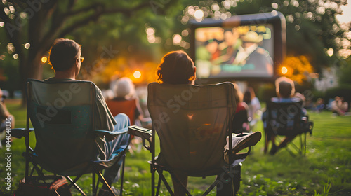 Fototapeta Naklejka Na Ścianę i Meble -  Community gathering in a park to watch an American classic movie under the stars.