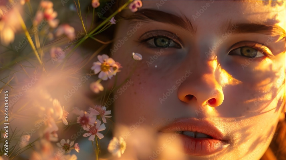Close-up of a young woman's face surrounded by delicate flowers in soft sunlight Close-up of a young woman's face surrounded by delicate flowers in soft sunlight