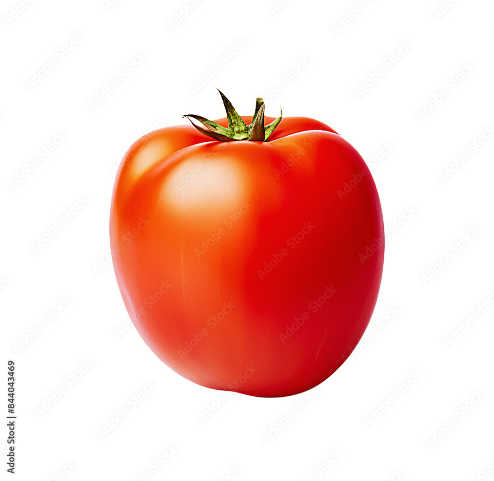 Tomato, ripe and red, with a green stem. Tomato, ripe and red, with a green stem.
