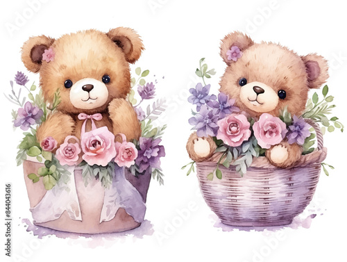 Cute couple watercolor teddy bears with balloon and flowers decoration vector illustrations for birthday party, kids book, sticker, fabric t-shirt, wall art, cover book