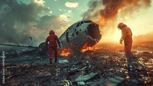 Firefighters in action at a devastating plane crash scene, amidst fire and debris under an ominous sky photo