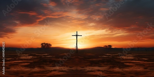 Crucifix symbol in a Western landscape at sunset. Concept Christianity, Symbol, Landscape, Sunset, Crucifix