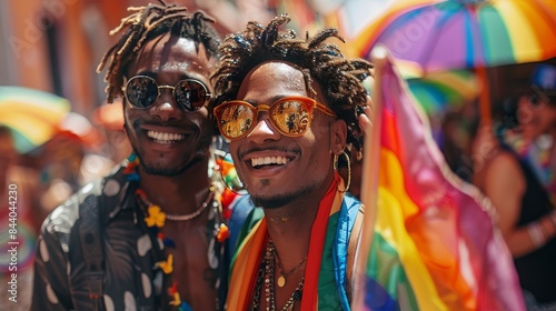 Two persons with colorful attire at a vibrant pride celebration