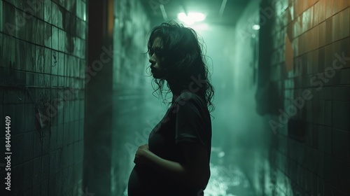 Pregnant woman alone in a dark alley; abortion / women's rights concept
