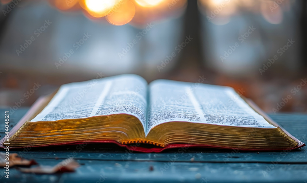 Closeup of Open Bible on Outdoor Table, Golden Hour Lighting with Blurred Background - Inspirational, Spiritual, Faith, Reflection Concept Closeup of Open Bible on Outdoor Table, Golden Hour Lighting with Blurred Background - Inspirational, Spiritual, Faith, Reflection Concept