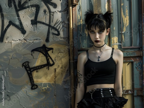 Gothic lola, black hair, bangs, short hair, hair buns, green eyes, black mascara, black lipstick, black blouse, black mini skirt, ruffles, white shoulder blades