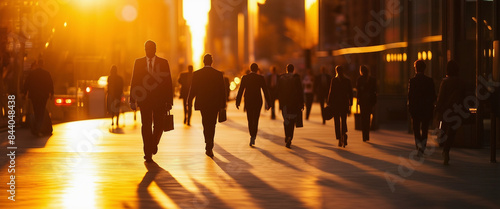 silhouettes of business people crossing the pedestrian walkway in new york, sunset cityscape  © abu