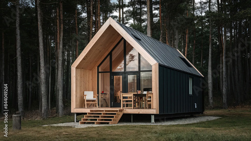 small modest ecological self-sufficient wooden house in the woords, off-grid lifestyle, nordic glamping photo