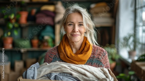 A mature woman smiles warmly as she holds textiles in a cozy indoor setting with plants in the background © familymedia