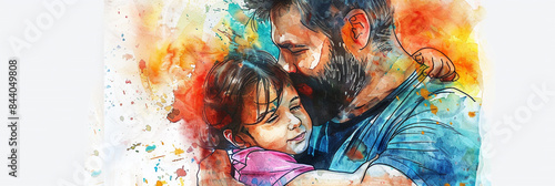 Dad hugging child, vibrant watercolor, happy family moment, perfect Father's Day card design, white background.