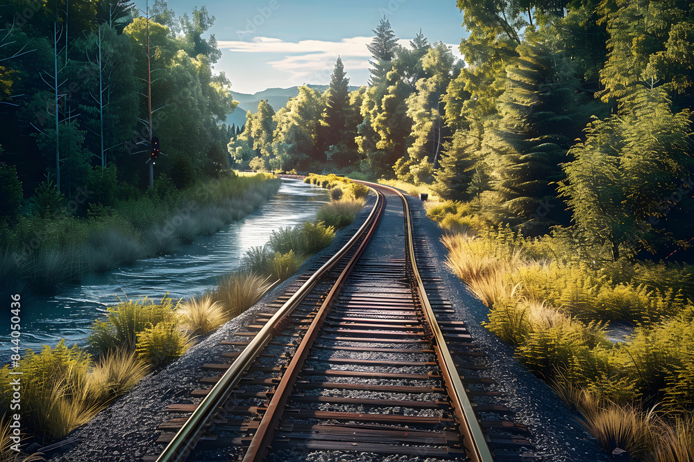 Fototapeta premium Forest trees and river along a railroad on an summer afternoon. Train tracks travel concept. Generative AI.