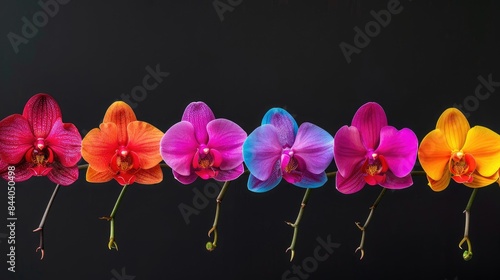 Colorful orchid flowers in a row with a black backdrop