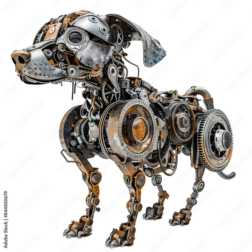 Intricate steampunk inspired robot dog with gears and metal parts, isolated on a transparent backdrop Intricate steampunk inspired robot dog with gears and metal parts, isolated on a transparent backdrop