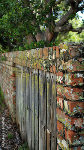 old brick wall with wooden fence outside of a home security and safety at home photo