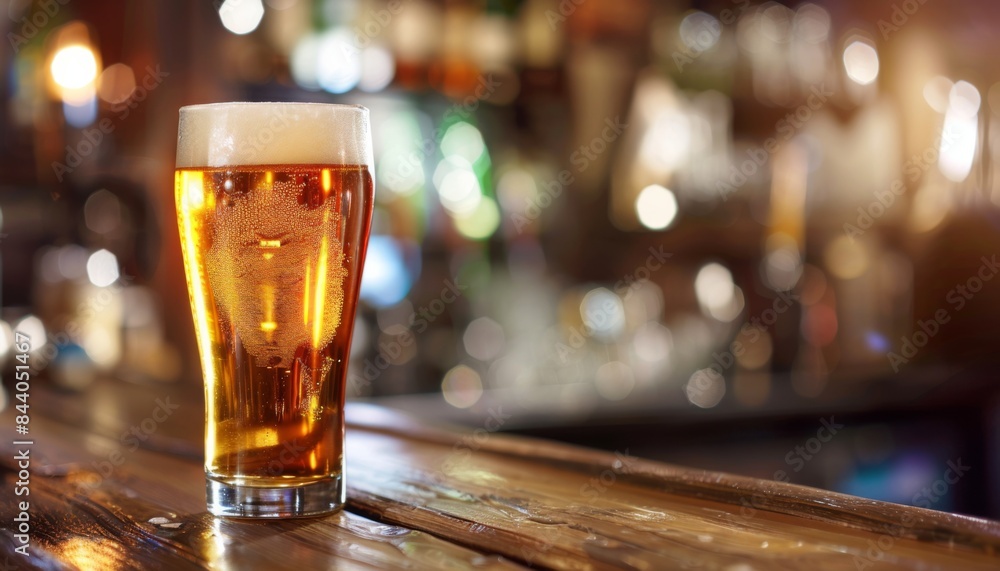 Glass of cold fresh lager beer on a wooden bar counter in pub. Beer and blurred sparkling bar background Glass of cold fresh lager beer on a wooden bar counter in pub. Beer and blurred sparkling bar background