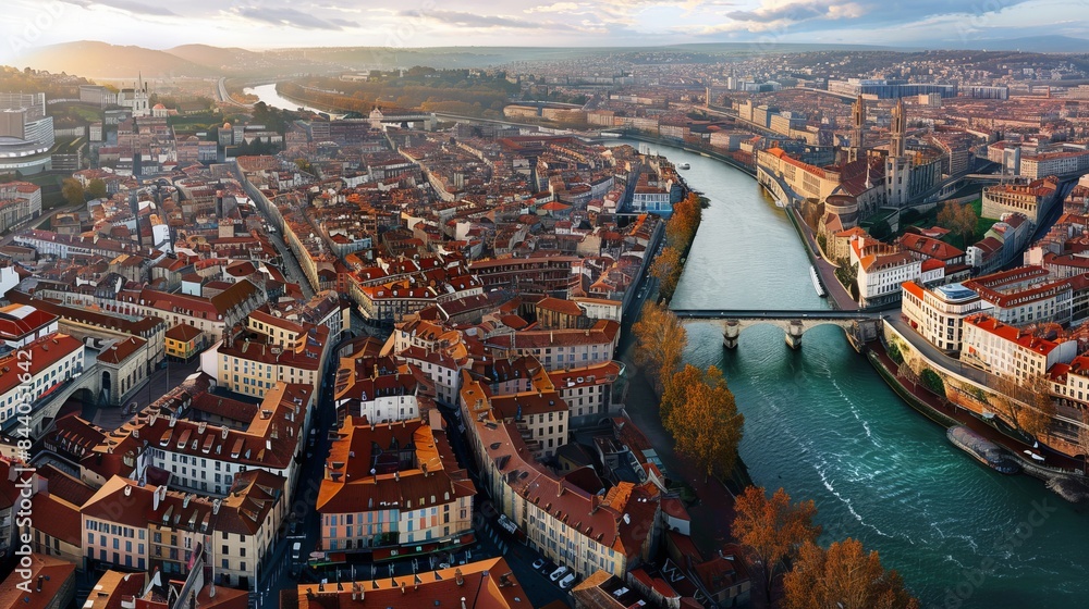 Obraz premium Aerial view of a European city with a river running through. The architecture and layout are classic and charming.