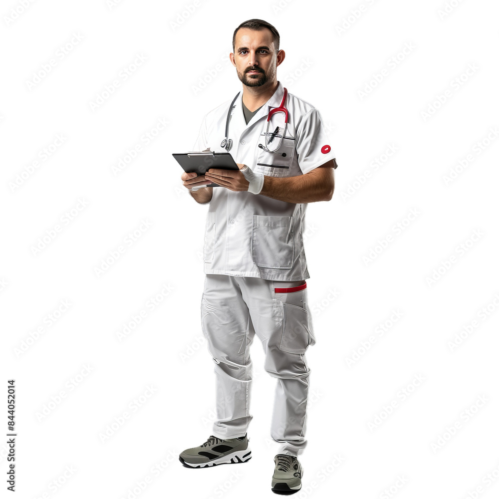 Professional male doctor in a white coat holding a clipboard, isolated on a transparent checkered background