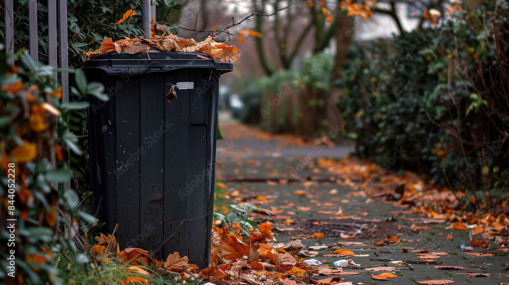 bin filled with leaves outside during autumn garbage disposal trash can bin filled with leaves outside during autumn garbage disposal trash can