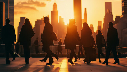silhouettes of business people crossing the pedestrian walkway in new york, sunset cityscape
