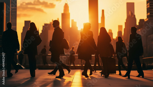 Fototapeta Naklejka Na Ścianę i Meble -  silhouettes of business people crossing the pedestrian walkway in new york, sunset cityscape
