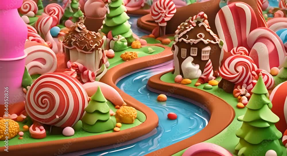 Fantasy confectionery realm 3D depiction of a candy land with chocolate rivers and candy cane trees offering a quirky and imaginative escape 3d backgrounds 4k Fantasy confectionery realm 3D depiction of a candy land with chocolate rivers and candy cane trees offering a quirky and imaginative escape 3d backgrounds 4k