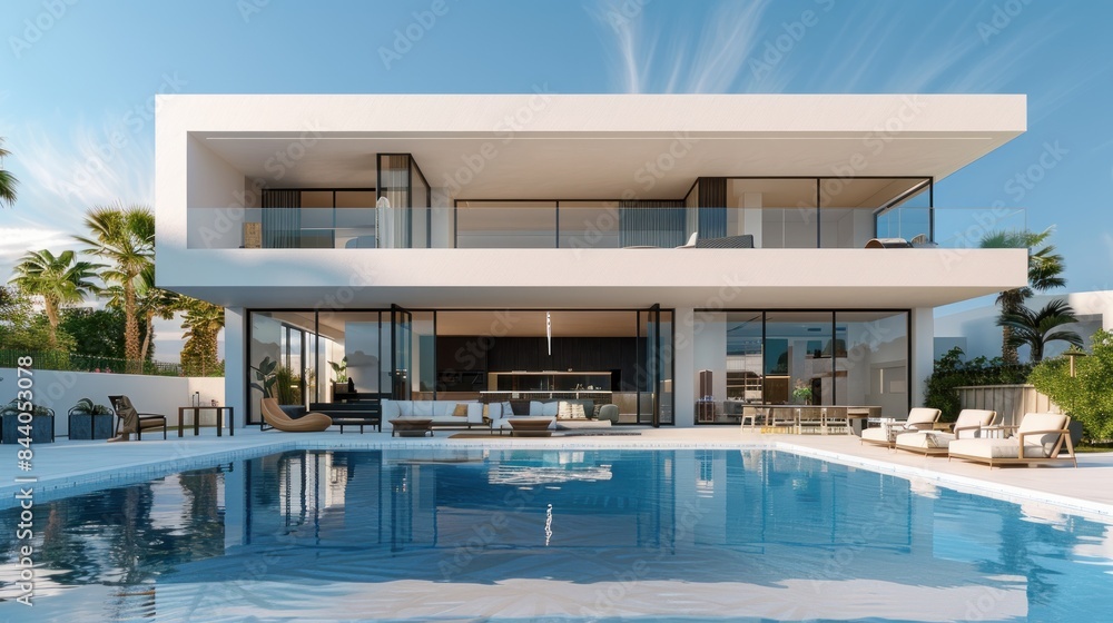 Fototapeta premium Modern White Villa with Swimming Pool and Patio