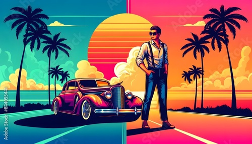 Retro Sunset with Classic Car and Fashion Model, Vintage Beach Scene with Elegant Man and Old-fashioned Automobile, Illustrations for card, poster, banner, flyer, brochure, background or T-shirt. © LMTD