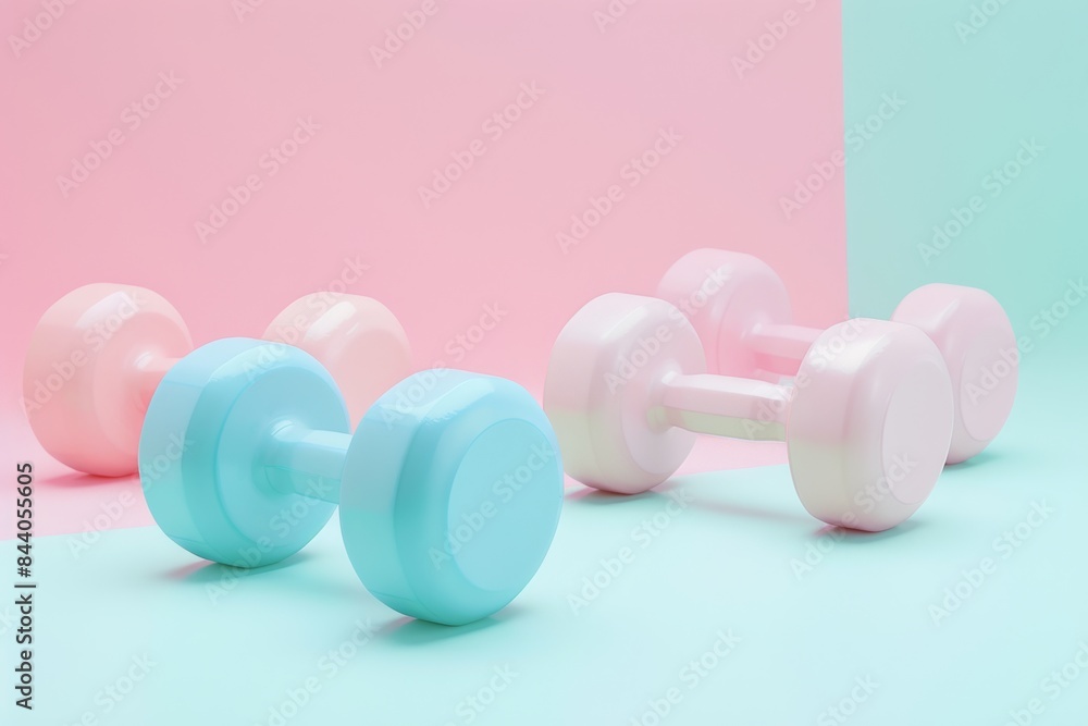 Obraz premium Pastel Dumbbells on Pink and Blue Background