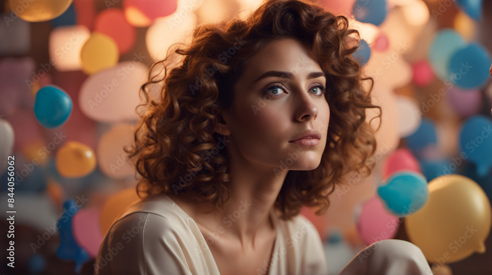 Fototapeta premium Muse Sitting on Cloud of Thought Bubbles