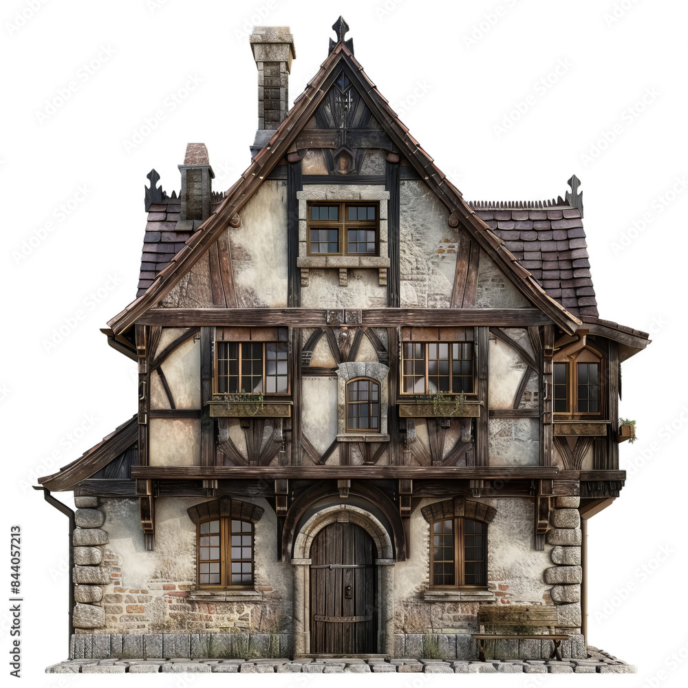 Digital illustration of a detailed half timbered medieval house with a transparent backdrop Digital illustration of a detailed half timbered medieval house with a transparent backdrop