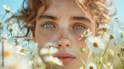 Young male with curly hair peering through a field of daisies, his green eyes matching the freshness of spring