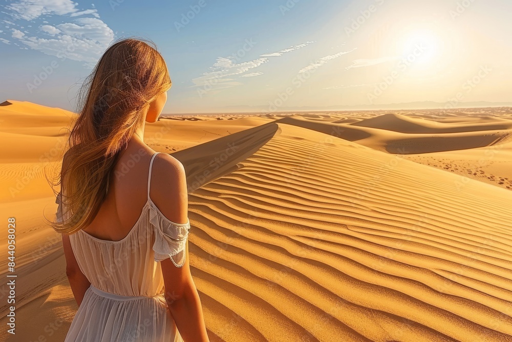 Woman Walking Through Golden Sand Dunes During Sunset