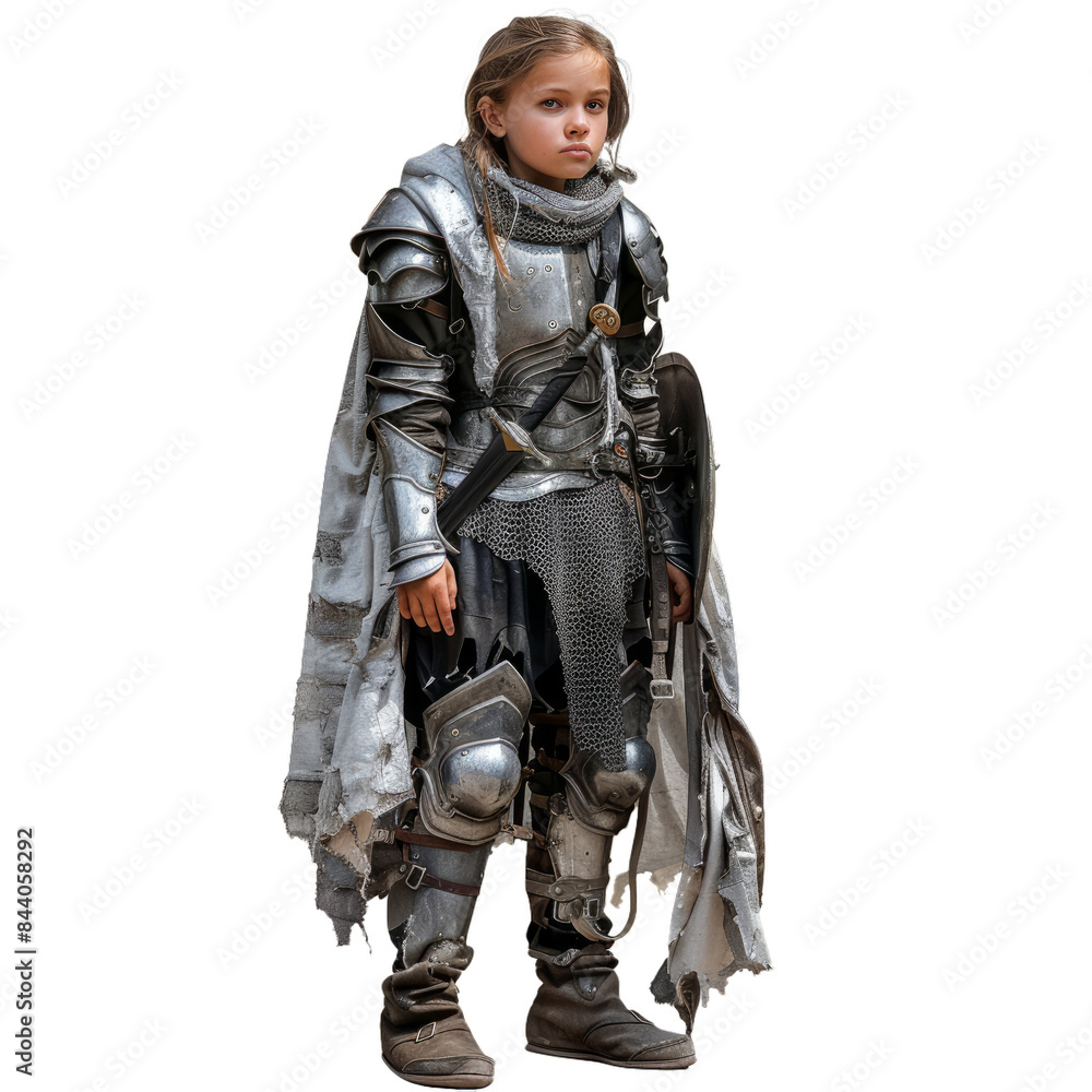 Portrait of a child dressed in detailed medieval knight armor against a grey background Portrait of a child dressed in detailed medieval knight armor against a grey background