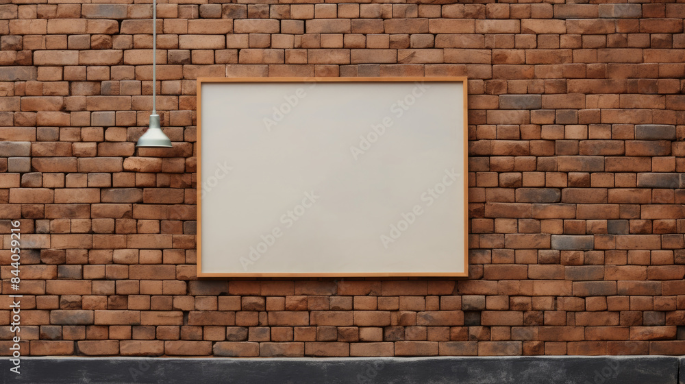 Empty frame mockup on brick wall with lamp Empty frame mockup on brick wall with lamp