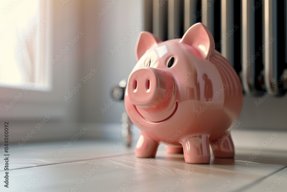 A bright pink piggy bank sits on a white and brown tiled floor, ready to collect coins A bright pink piggy bank sits on a white and brown tiled floor, ready to collect coins