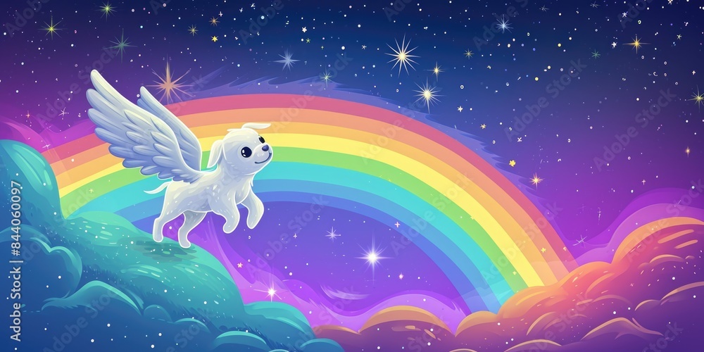 Fototapeta premium Cute white puppy angel flying in the sky with rainbow and stars background. The concept of rest in peace. Fantasy animal illustration. Pets passing away 