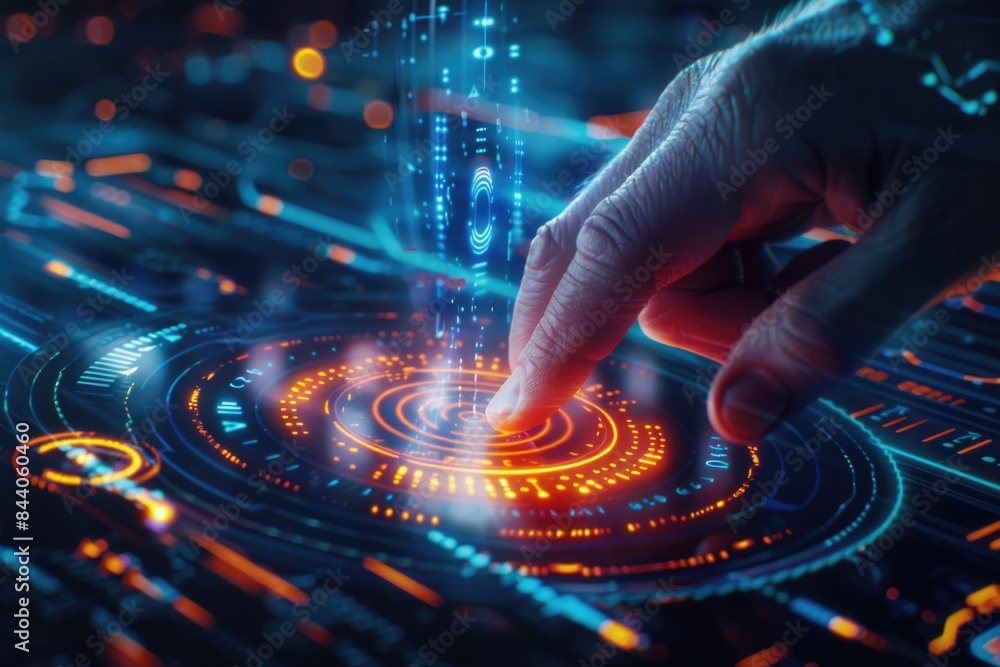 A person touches their finger to a futuristic interface, a modern concept of human-computer interaction A person touches their finger to a futuristic interface, a modern concept of human-computer interaction