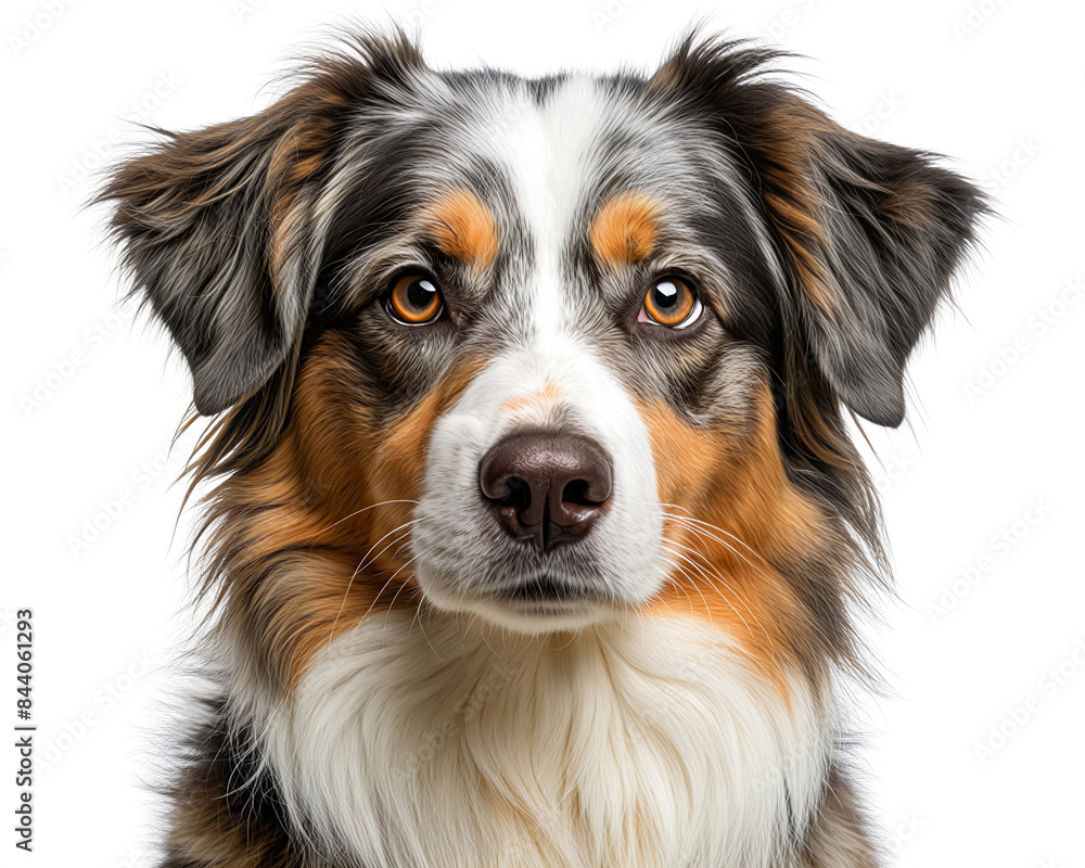 A bright Aussie with multi-colored fur and attentive eyes. The dog's unique coloring and concentrated facial expression reveal its intelligent and energetic character. A bright Aussie with multi-colored fur and attentive eyes. The dog's unique coloring and concentrated facial expression reveal its intelligent and energetic character.