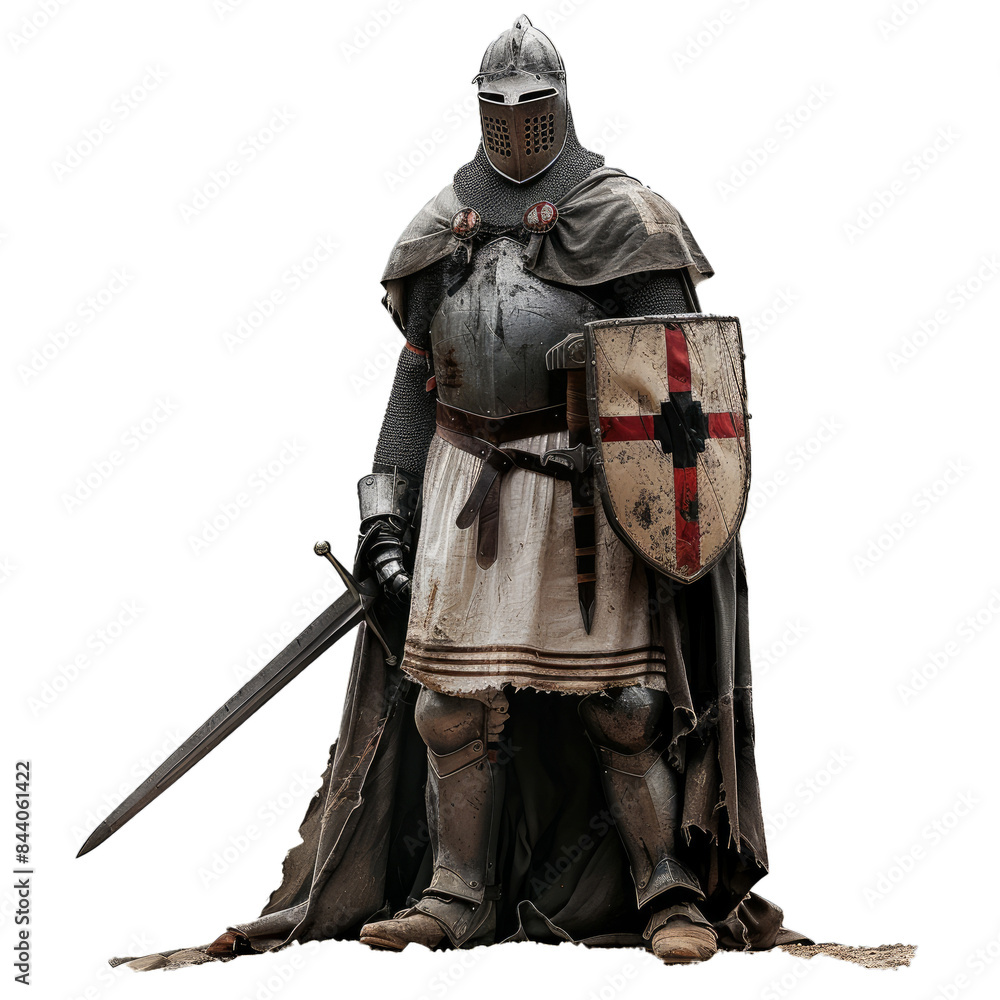 Detailed depiction of a knight in full armor, poised with sword and aged shield Detailed depiction of a knight in full armor, poised with sword and aged shield