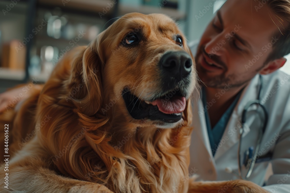 Veterinarian Examining Golden Retriever at Clinic Veterinarian Examining Golden Retriever at Clinic