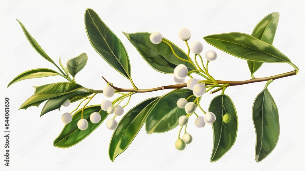 A tree branch with white berries and green leaves, suitable for nature or botanical themes A tree branch with white berries and green leaves, suitable for nature or botanical themes