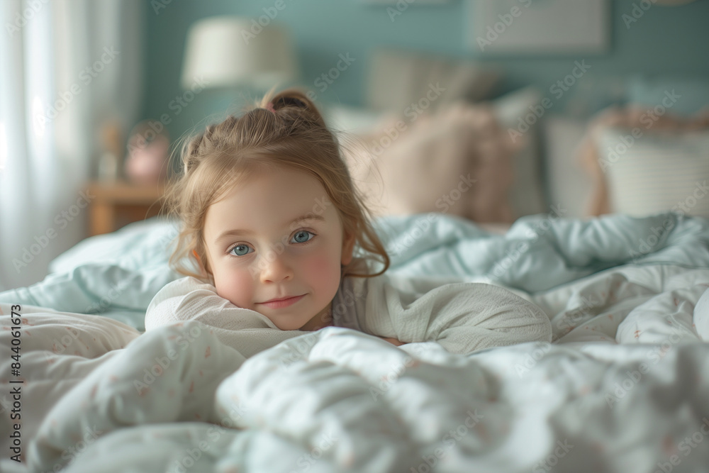 Little Girl Waking Up in Bed With Curly Hair and Smiling Little Girl Waking Up in Bed With Curly Hair and Smiling