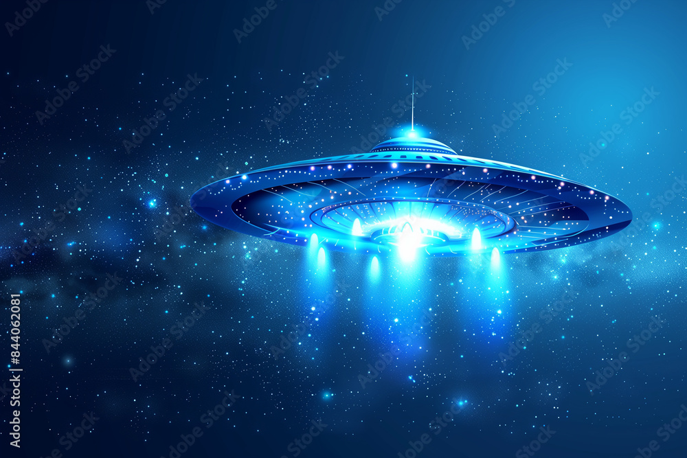 Blue UFO Hovering Over Starry Night Sky Blue UFO Hovering Over Starry Night Sky