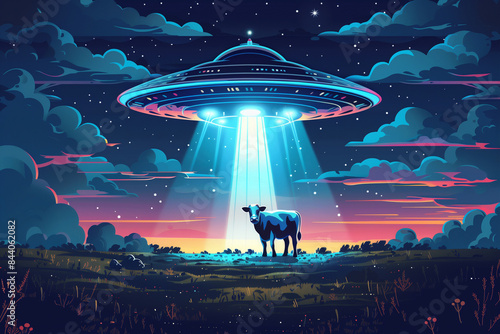 UFO Hovering Over Field With Cow At Night photo