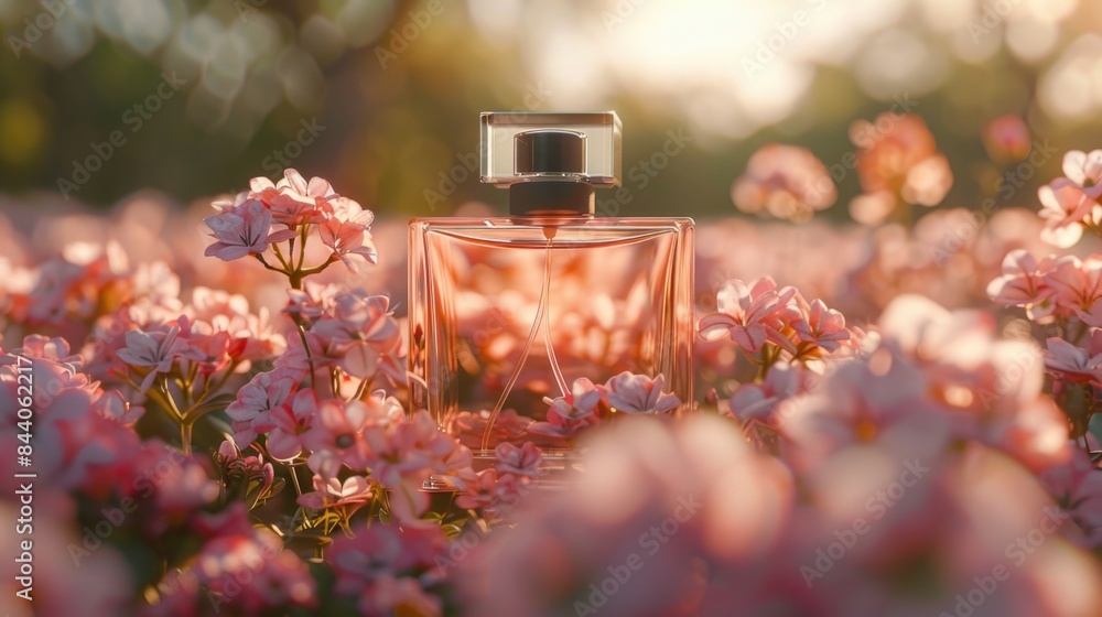 A perfume bottle surrounded by colorful flowers A perfume bottle surrounded by colorful flowers